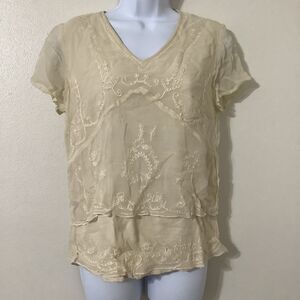 Vintage Y2K Fairycore Cottagecore Cream Dainty Embroidered Boho Fairy Blouse S